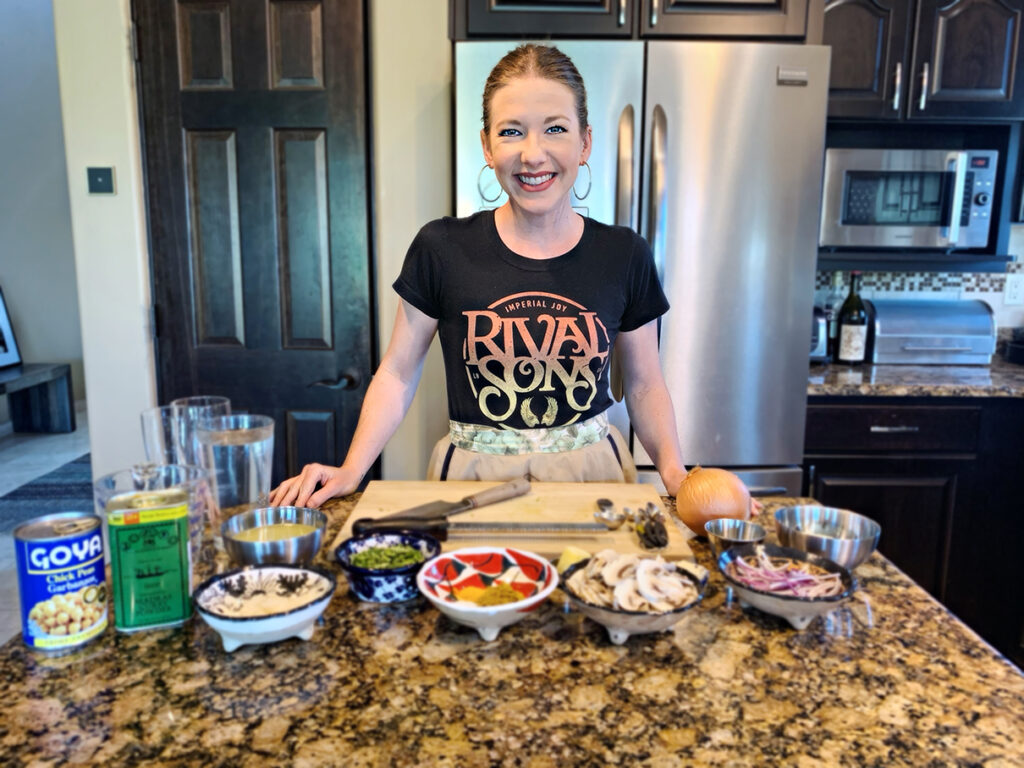 The Hungry Songbird, Jordyn Jackson, with prepped ingredients for pantry curry